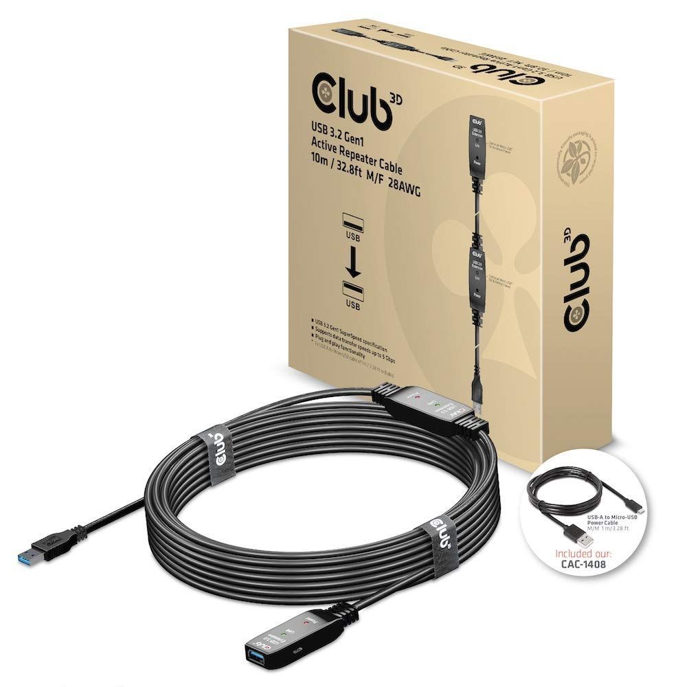 10m Club 3D USB 3.2 Gen1 5Gbps アクティブ リピーター ケーブル 10m オス／メス 28AWG (CAC-1405）