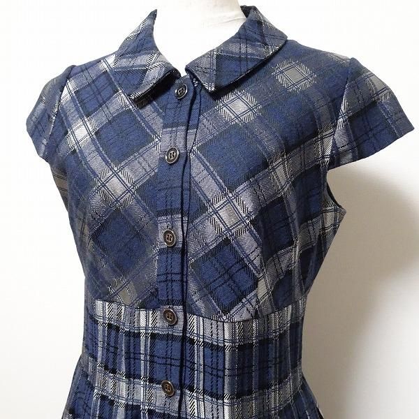 snc ルネ Rene TISSUE ワンピース 36 紺 シルバー 半袖 チェック