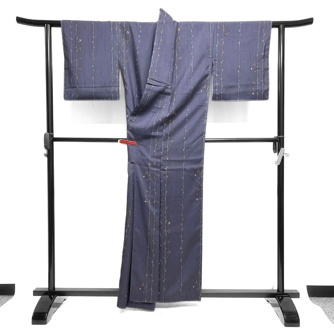 未着用 川村久太郎 小紋 紬 花模様 縦縞 蔦 リーフ 着物 041a d