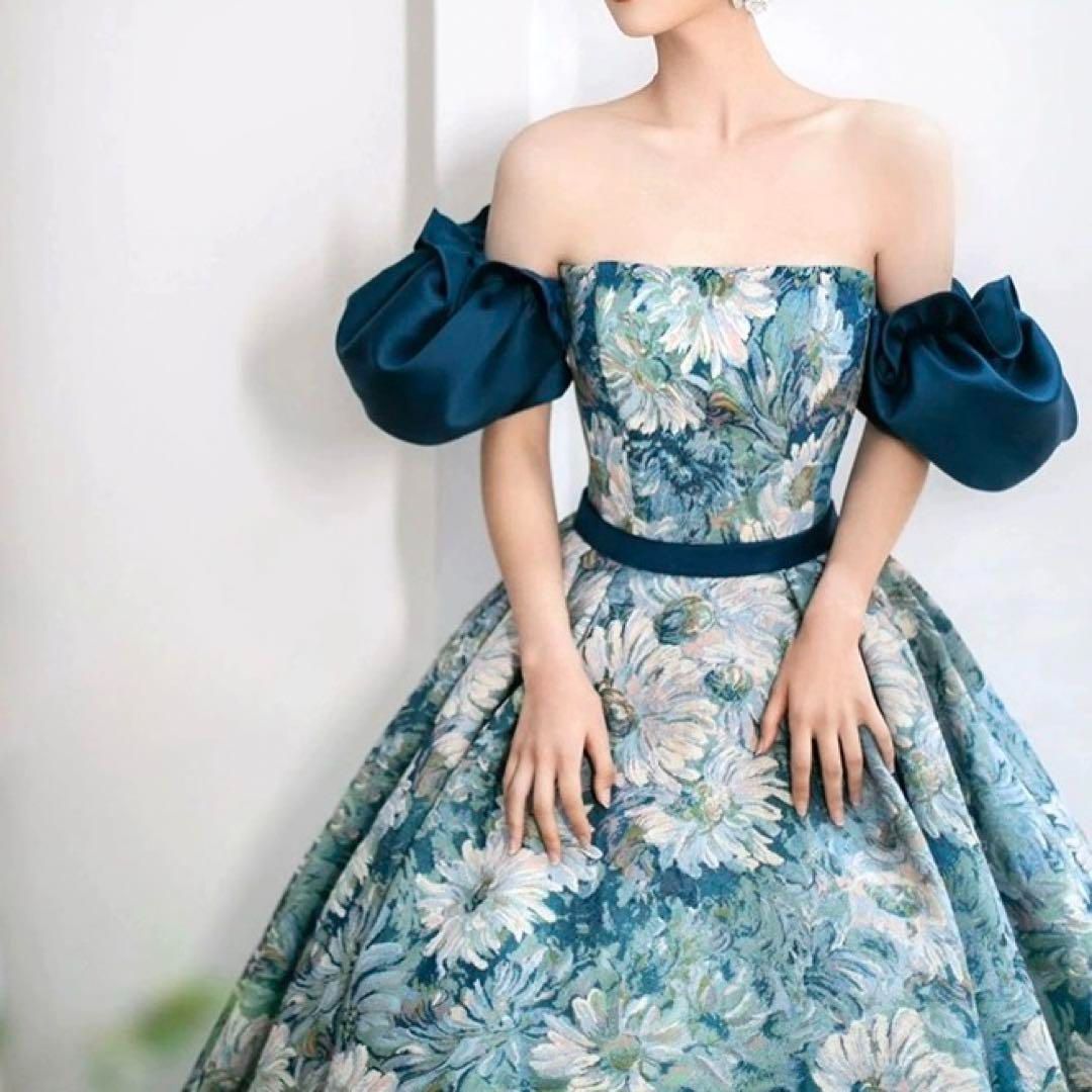 花柄が美しく大人 袖付きロングイブニングドレス?.?