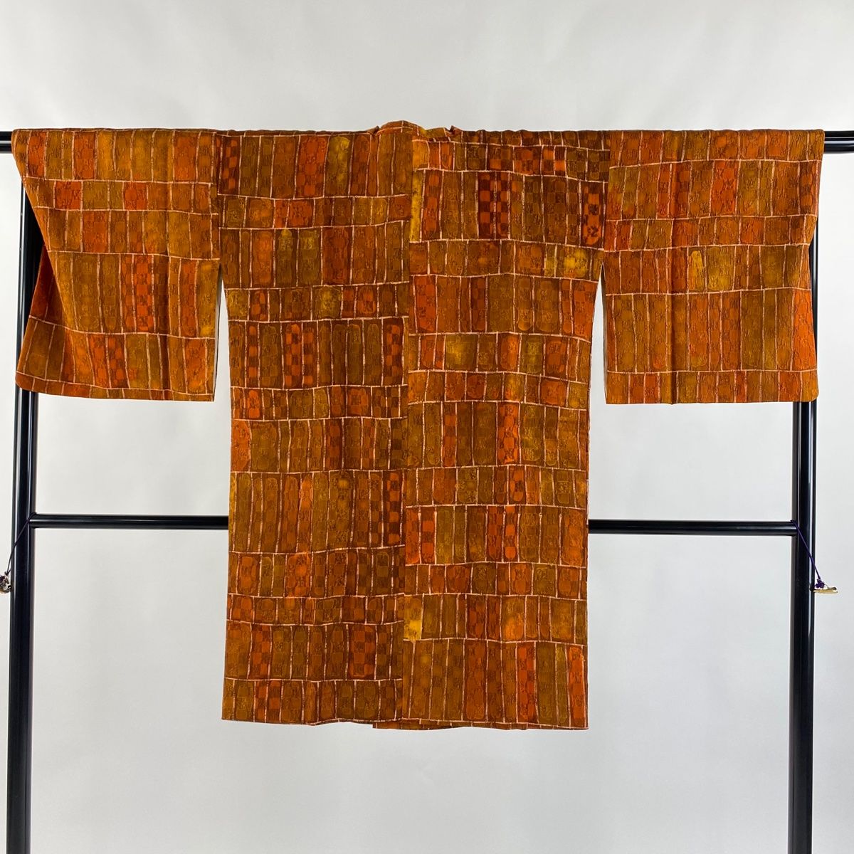 道行 身丈99cm 裄丈69cm L 和装コート 角衿 幾何学模様 市松 赤茶 正絹 秀品 WWW_NOITHATQUANGTHANH_NET