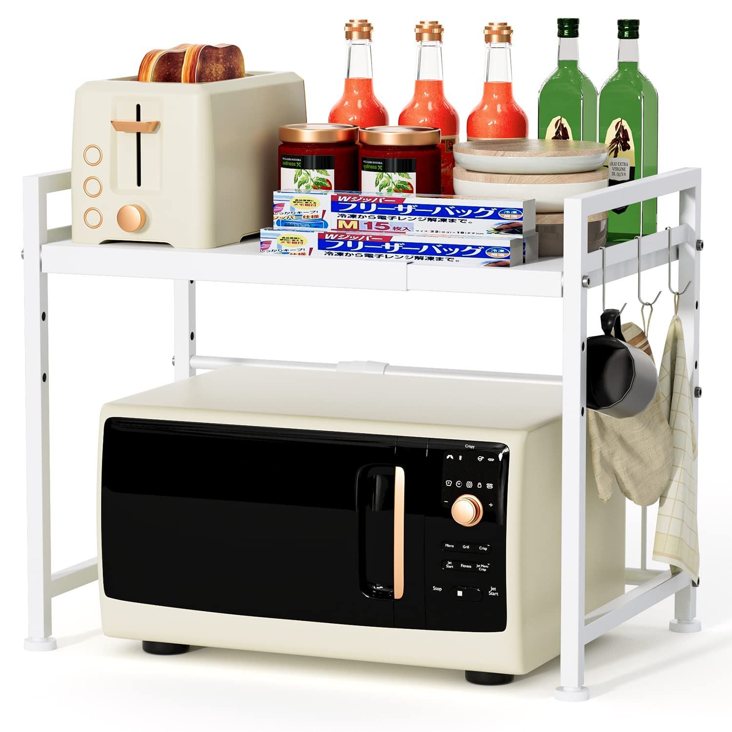 【特価セール】(ホワイトM) 三つフック付き 幅伸縮可(41~60cm）高さ3段調節可 レンジ台 BESONTキッチンラック