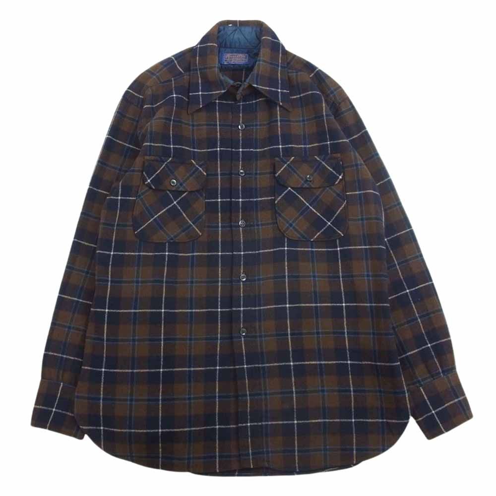 PENDLETON ペンドルトン 長袖シャツ 70s ウール チェック シャツ ブラウン系 ネイビー系 L【中古】