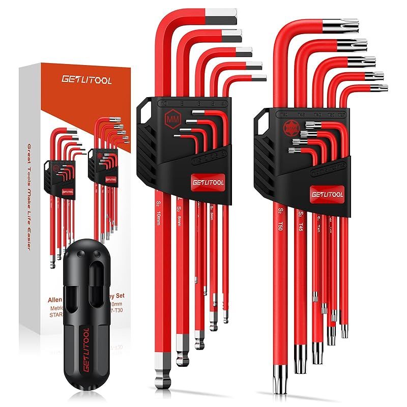 GETLITOOL 六角棒レンチ 磁気ロングヘッド設計 18本ロング六角棒レンチセット S2スチール製 T型ハンドル付き メートル法 (1.5mm-10mm)、トルクス(T10-T50)ロング磁気六角棒レンチセット