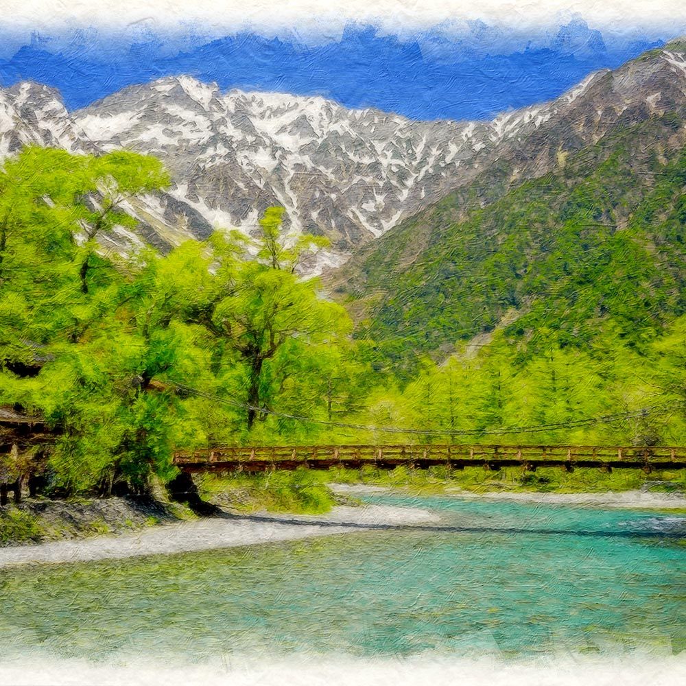 和紙の絵写真 「河童橋と新緑の上高地」 パネル付き 48x33cm 絵画