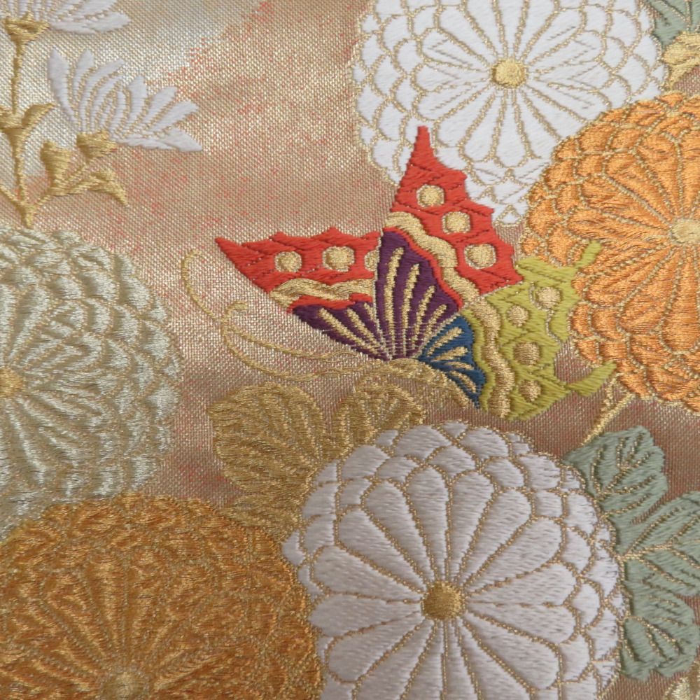 西陣織 袋帯 未仕立て 金色x緑色 金糸銀糸 菊に波模様など 六通柄