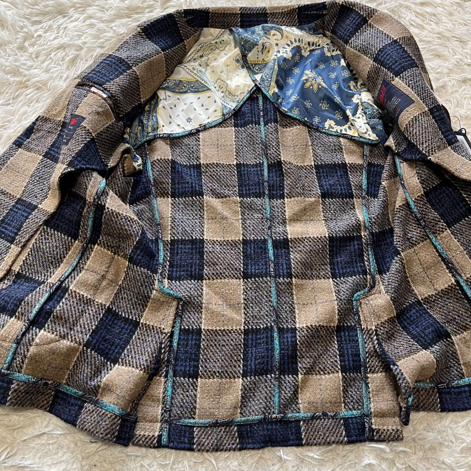 BOB ボブ テーラード ジャケット 2B チェック 紺 ネイビー 46 美品 BOB 