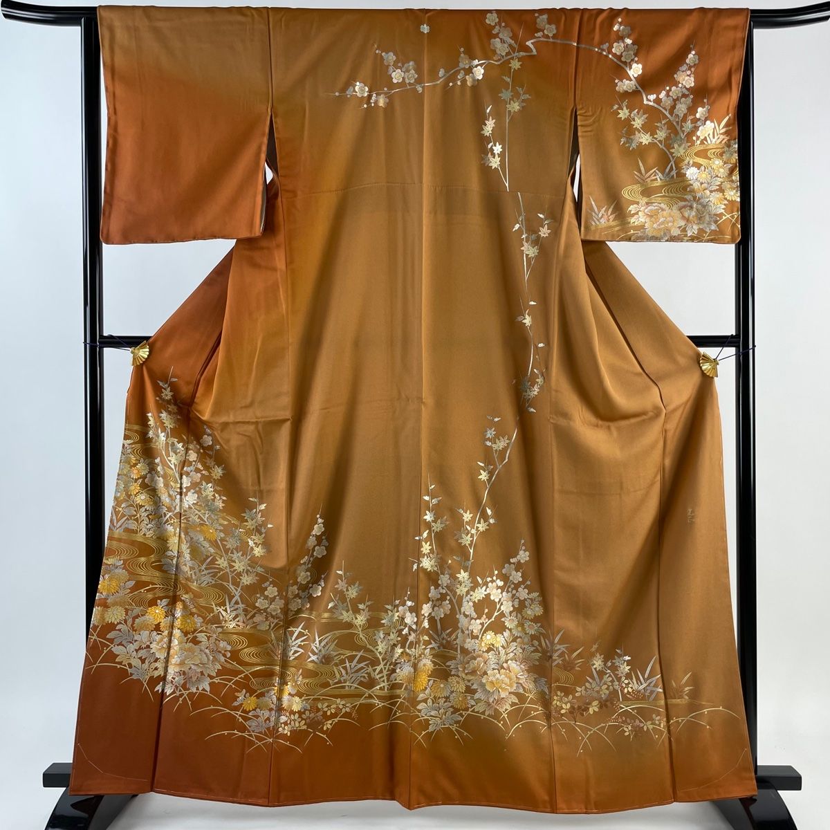 訪問着 身丈164cm 裄丈64.5cm M 袷 和田光正 落款 草花 流水 金銀彩  