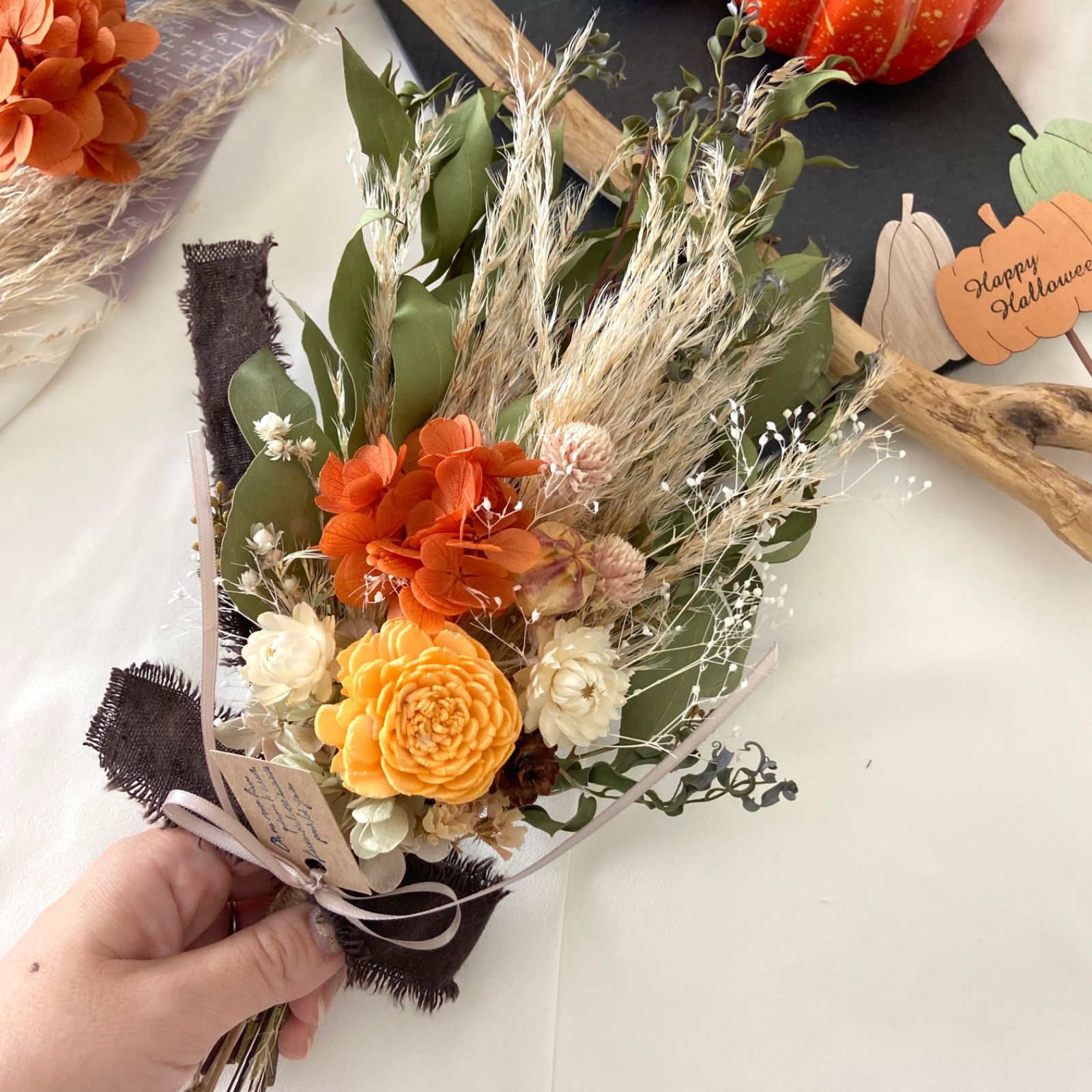 ドライフラワー スワッグ 2色オレンジバラ パンパスグラス30 cm