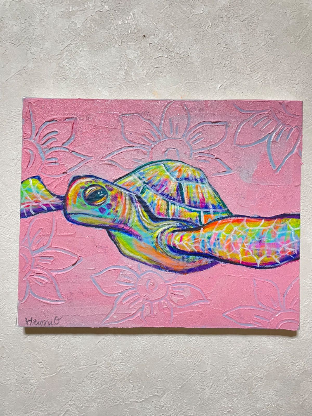カラフルなウミガメの原画 キャンバス アート 現代アート 動物画 海
