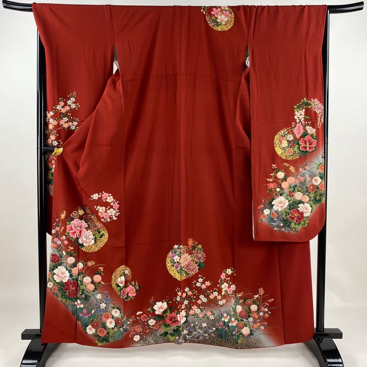 振袖 身丈163cm 裄丈67cm M 袷 牡丹 梅 金糸 刺繍 赤 正絹 名品 【中古】 