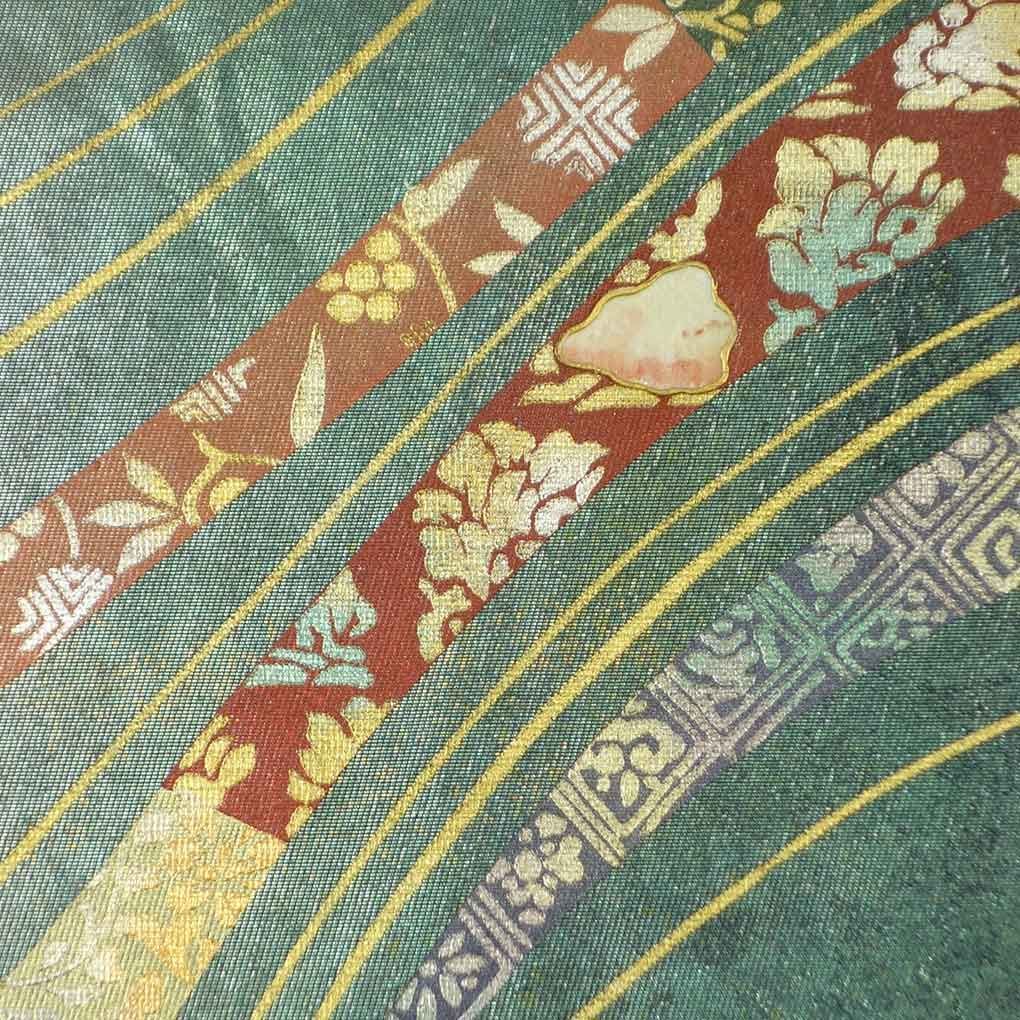 名古屋帯 幅30cm 長さ345cm レディース 抽象柄 秋冬春用 正絹 シルク グリーン リメイク リユース リサイクル 呉服のきくや