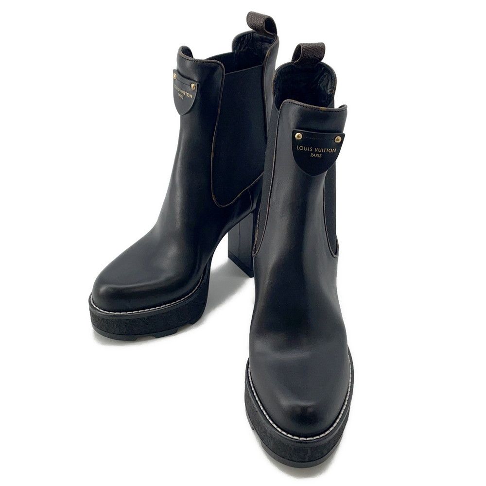 ルイヴィトン ブーツ カーフレザー LV ボブール アンクルブーツ レディースサイズ37 ショートブーツ 黒 ブラック