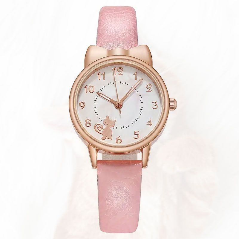 ピンク 猫のデザイン腕時計 大人可愛いローズゴールドのネコ ベルト