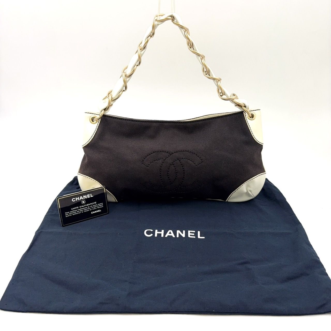 CHANEL ココマーク チェーン レザー×キャンバス ブラック