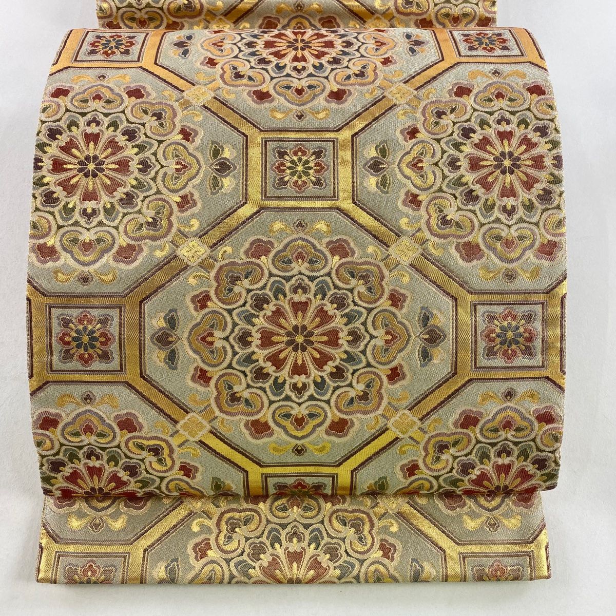 袋帯 秀品 蜀江文 華文 金糸 箔 ベージュ 六通 正絹