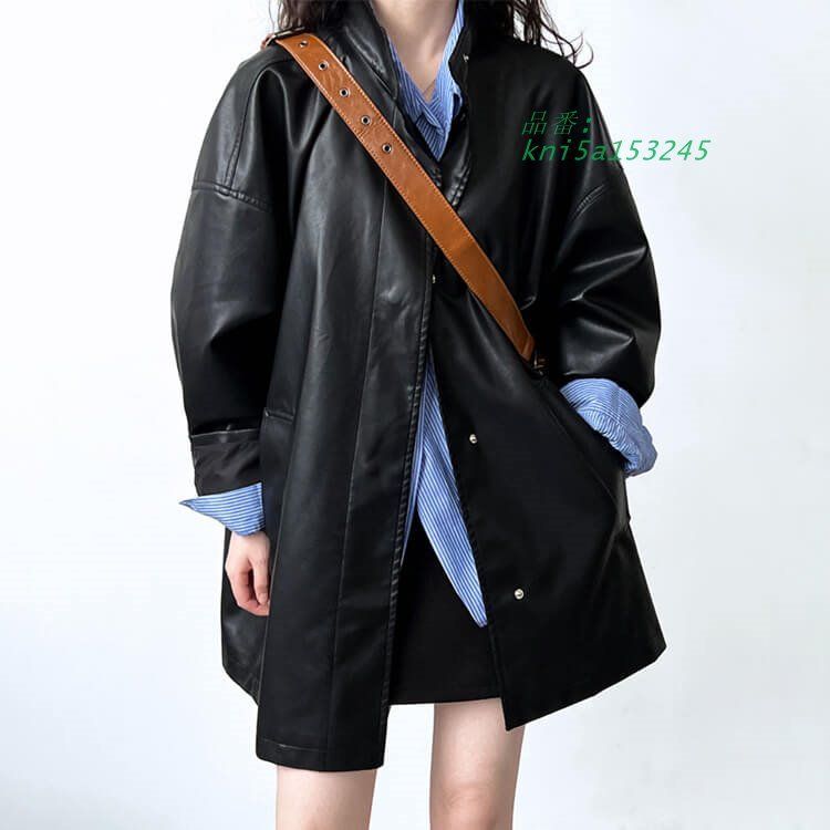 レザーコート レディース 韓国 アウター コート クレザー 長め レザージャケット セミロング丈 エコレザー カジュアル ゆったり おしゃれ kni5a153245