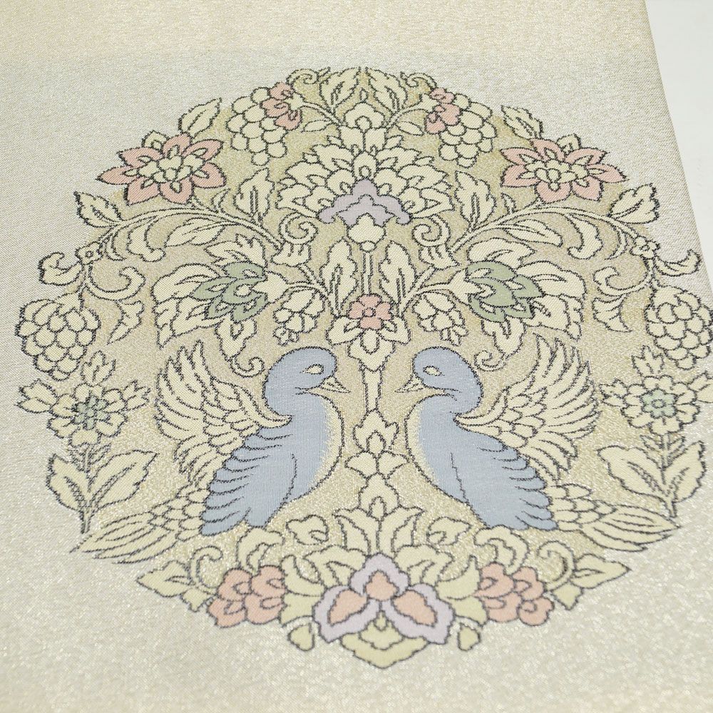 美品　単名古屋帯　花鳥柄 名古屋帯 花鳥紋模様 お太鼓柄 金糸 セミフォーマル向き 【中古