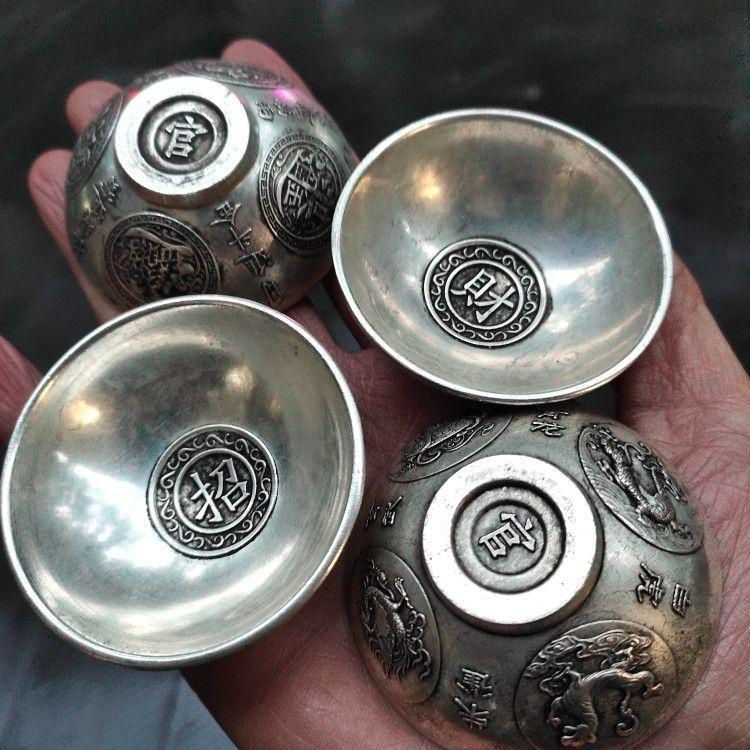 銅製 浮彫 日進斗金 招財進宝 銅杯 小碗4つ 装飾品 工芸品 美術品 銅器 細工 四神獣招財進宝小碗 茶碗 茶道具 工芸品 美術品 置物