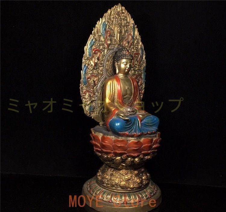 釈迦牟尼蓮華座仏像を彩色 精密彫刻 銅製 置物 開運 厄除け