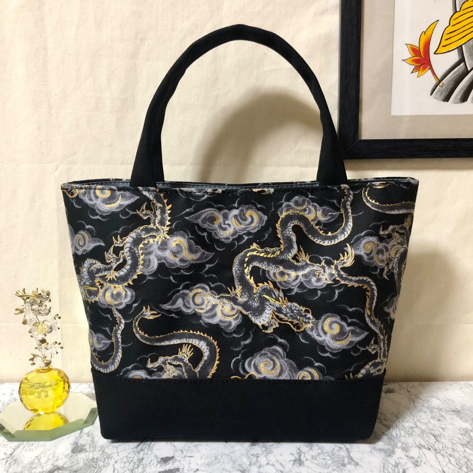 中指ミニトートバッグ ブラック 和柄(龍) ハンドメイド メンズ レディース ハンドバッグ ストリート