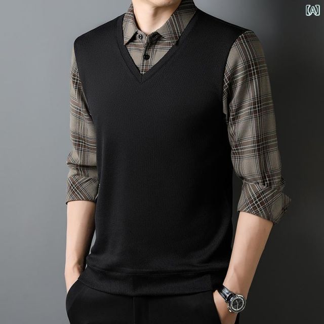 メンズ ファッション 服 用 オシャレ シンプル 大人 かっこいい 大きいサイズ ストリート 紳士服 ロング Tシャツ フェイク ツーピース トップス ビジネス カジュアル 快適 ストライプ ニット