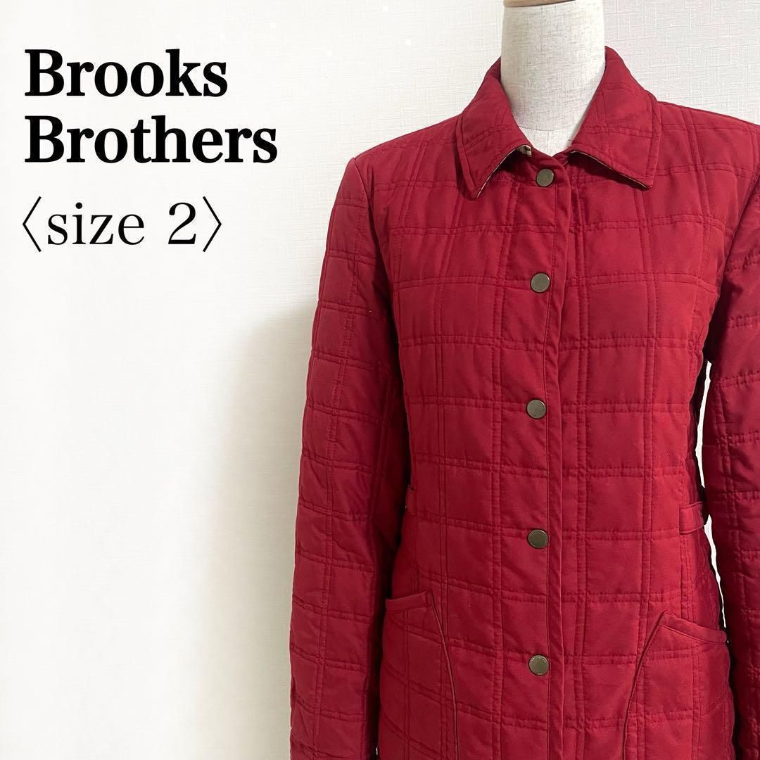 Brooks Brothers 中綿キルティングジャケット レディース 2 レッド 赤 ゴールド刻印ボタン 裏地チェック 軽量 防寒 秋冬
