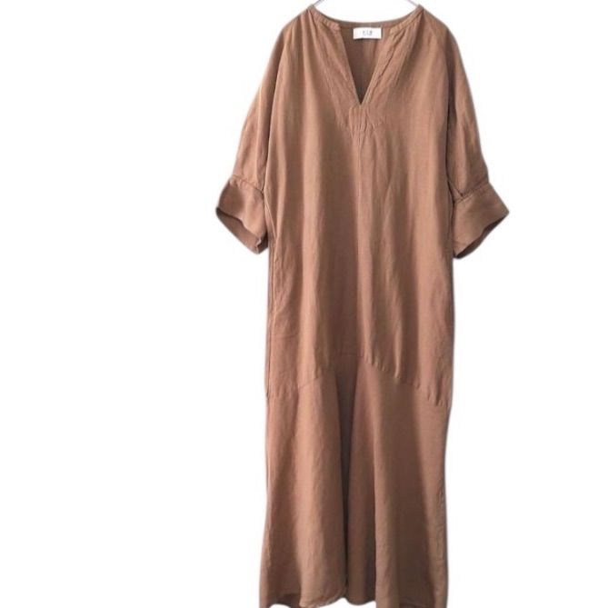 ADAM ET ROPE リネンボリュームスリーブワンピース ブラウンロングワンピース キーネック