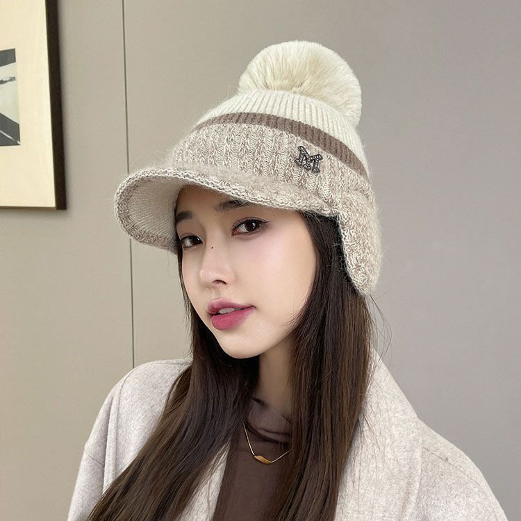 耳当て付きニット帽 レディース 帽子 ニット帽 裏起毛 ボンボン つば付き 厚手 暖かい ゴルフ スポーツ カジュアル 耳当て ポンポン付き 配色 おしゃれ あったかグッズ プレゼント 通勤 pdd9284