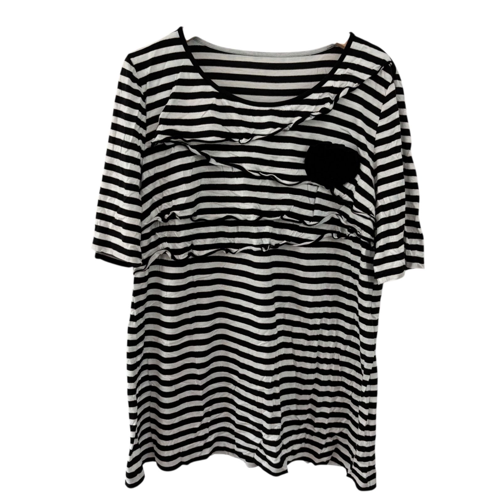 Z1388 leilian レリアン ブローチ付 ボーダー半袖Tシャツ カットソー