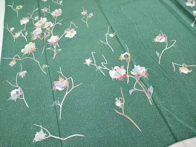 平和屋着物□極上 訪問着 友禅 作家物 枝花文 木賊色地
