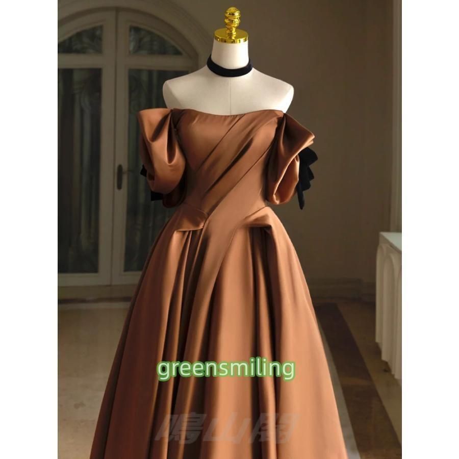 カラードレス 編み上げ ブラウン 半袖 サテン ロングドレス 結婚式 二次会 発表会 演奏会 ウェディングドレス ウエディングドレス 花嫁 前WP数量 価格926