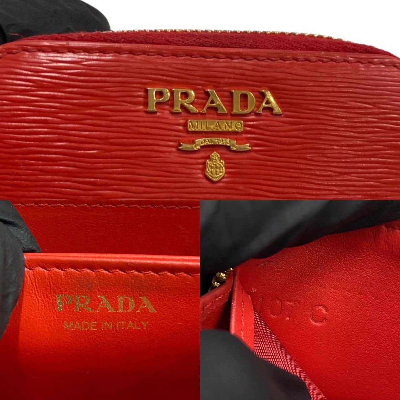 極 美品 PRADA プラダ ロゴ 金具 レザー 本革 ラウンドジップ コイン