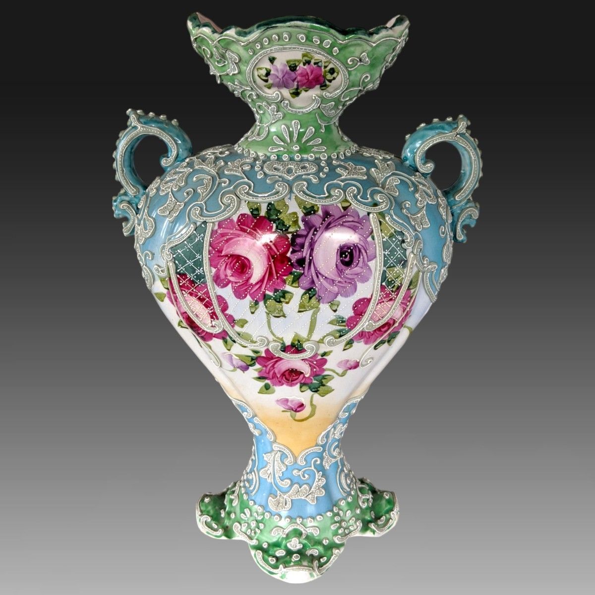 里帰り品】オールドニッポン 飾り壺 薔薇絵 一陳盛上げ手描き