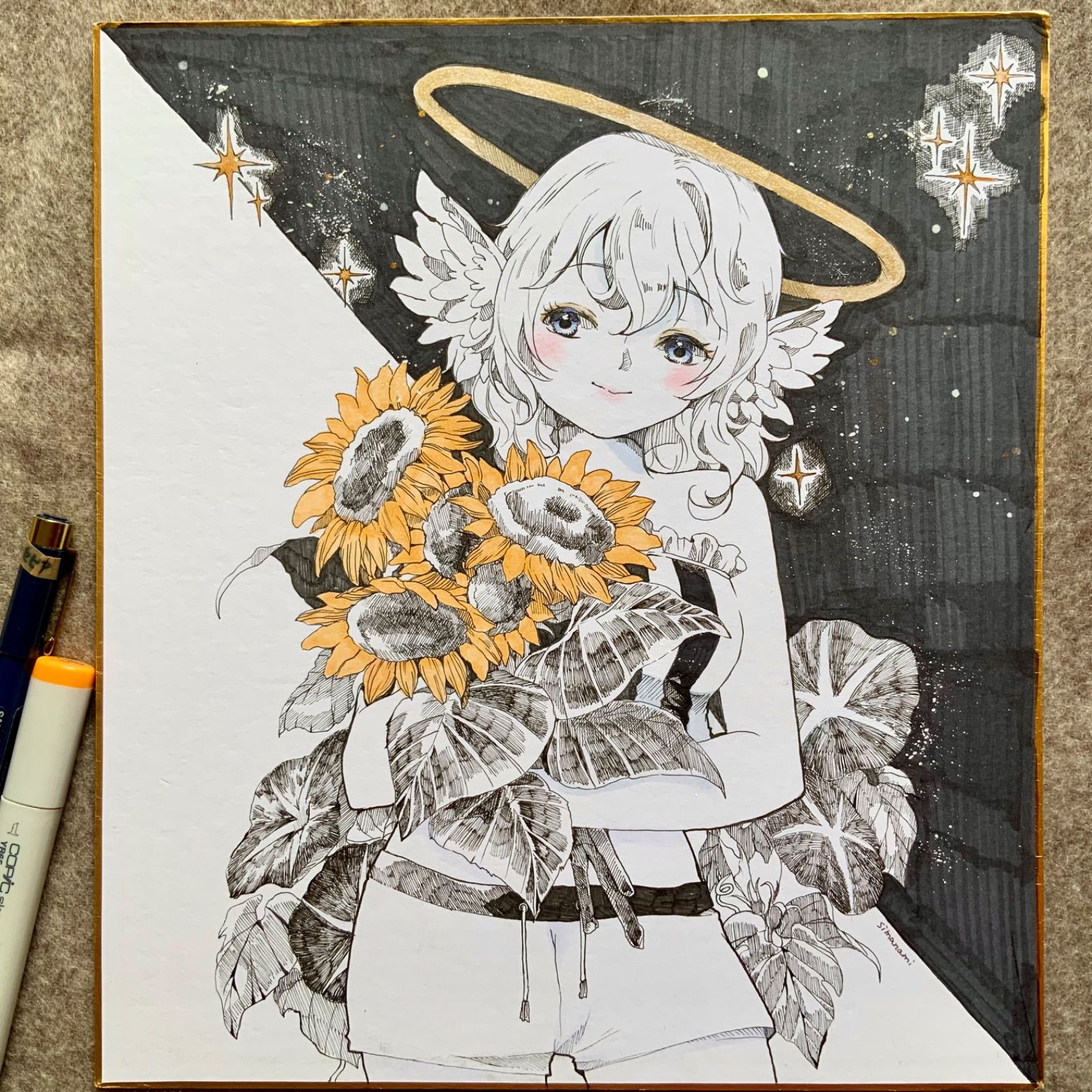 オリジナルイラスト 天使ちゃんと夏 色紙大 手描き 原画 女の子 ご覧