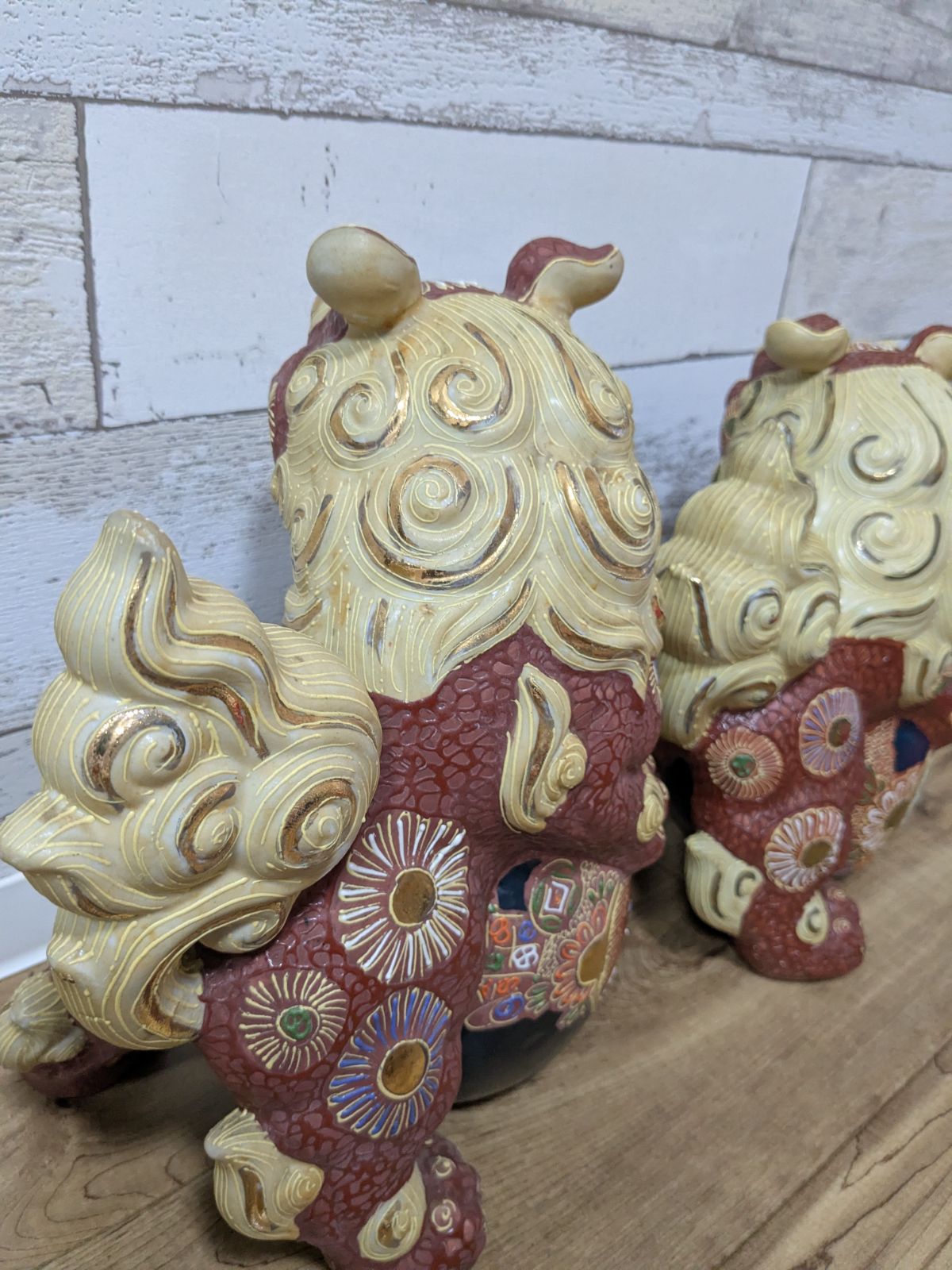 九谷焼 玉乗り獅子 赤 金彩 鶴 陶器 陶芸 置物 縁起物 魔除け 特大