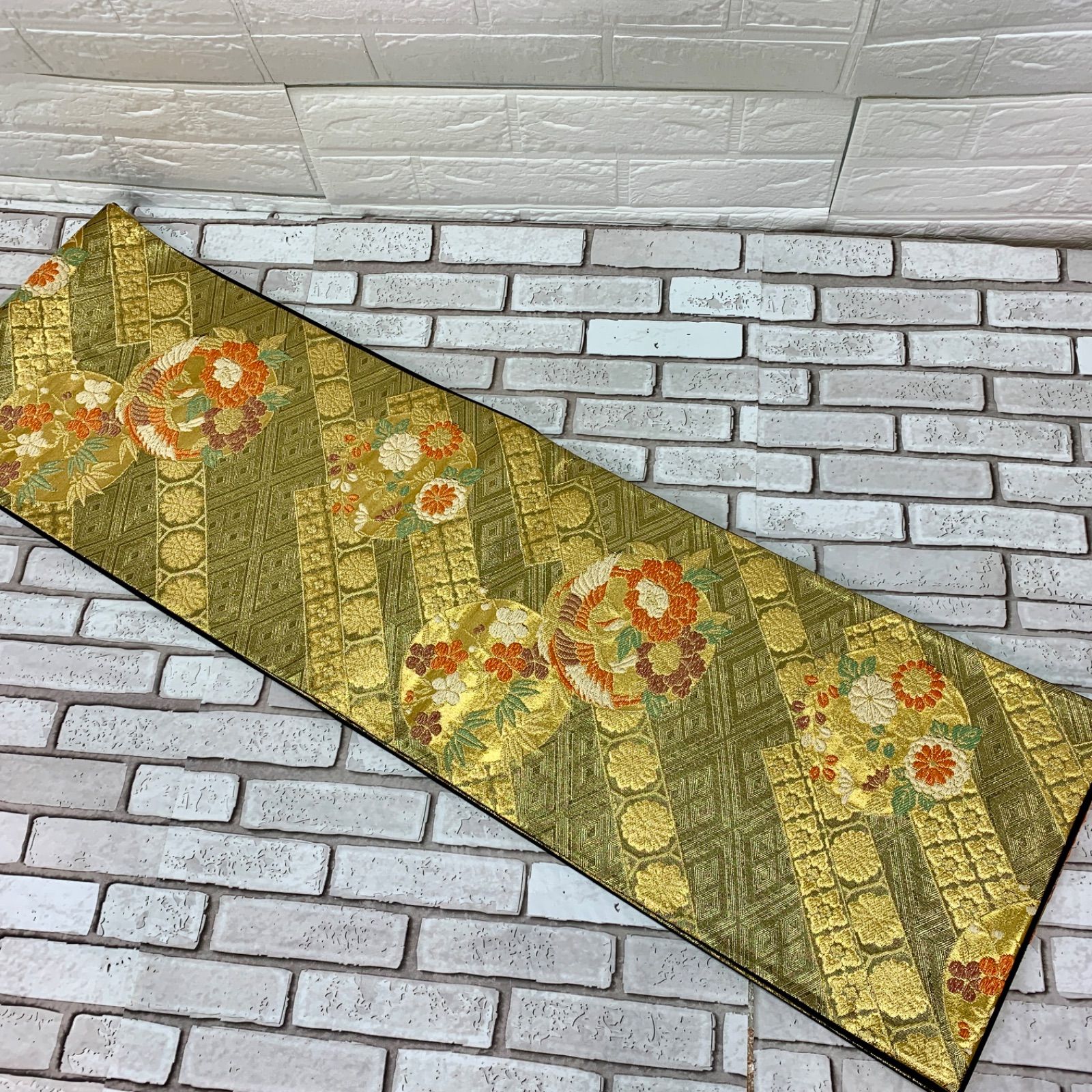 和装 袋帯 六通柄 ゴールド 刺しゅう 鳳凰 お花柄 長さ 約424㎝ USED