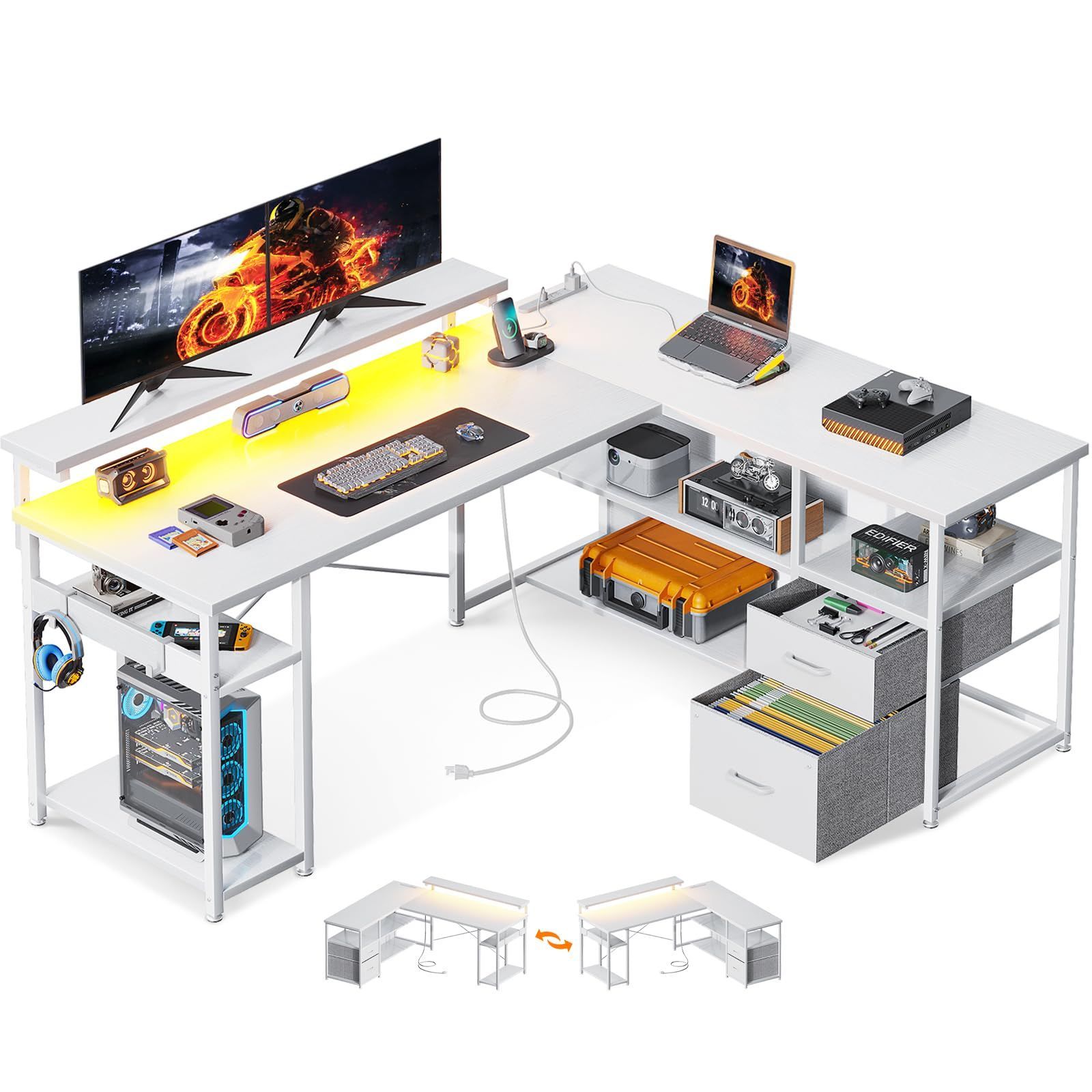 在宅勤務 仕事用 オフィスデスク 組立簡単 収納 pcデスク 棚付き 幅135cm 机 デスク 真っ白 l字デスク コンセント付き ゲーミングデスク 引き出し2杯付き パソコンデスク ODK