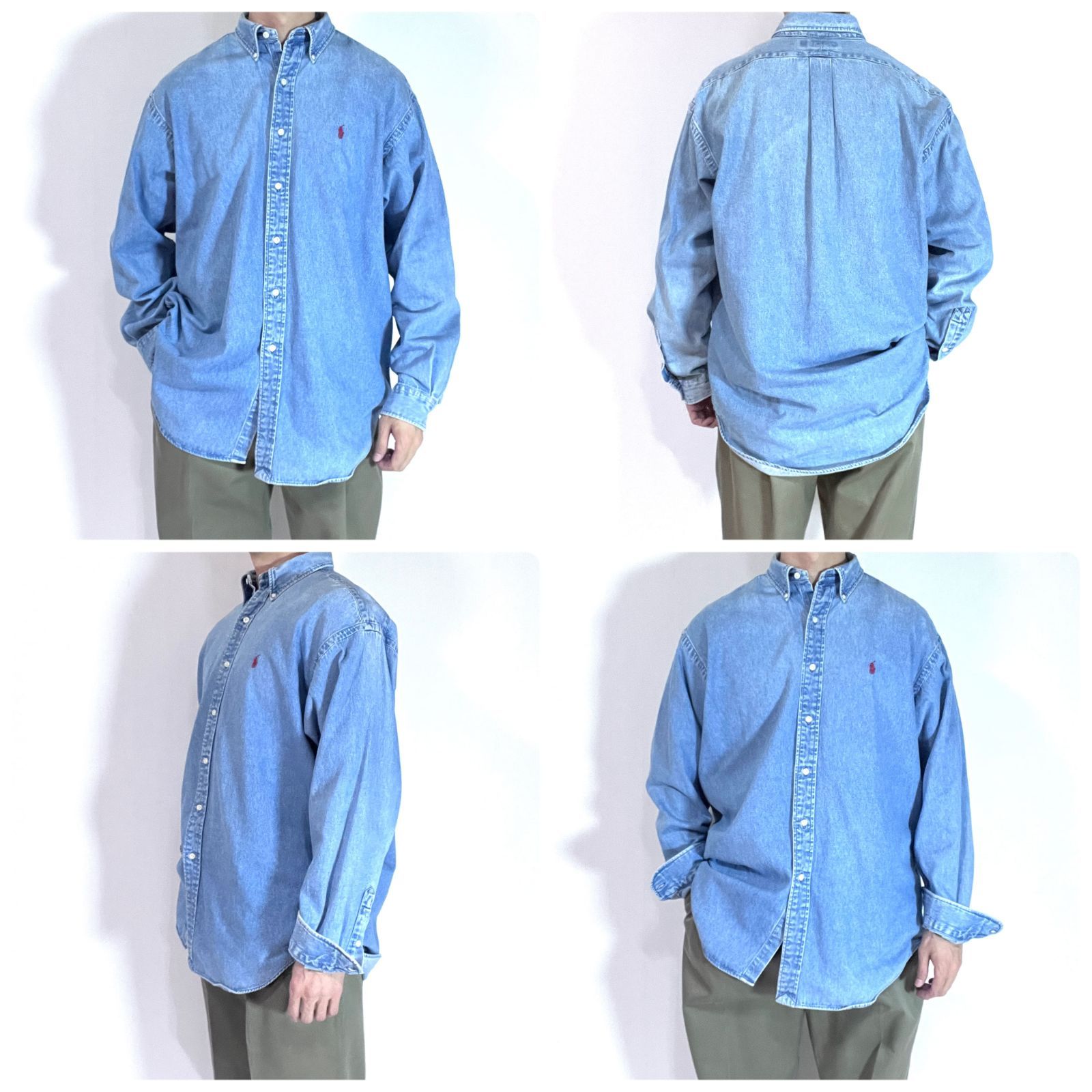 90'sラルフローレン BD デニムシャツ ダンガリー 刺繍ロゴ カラー