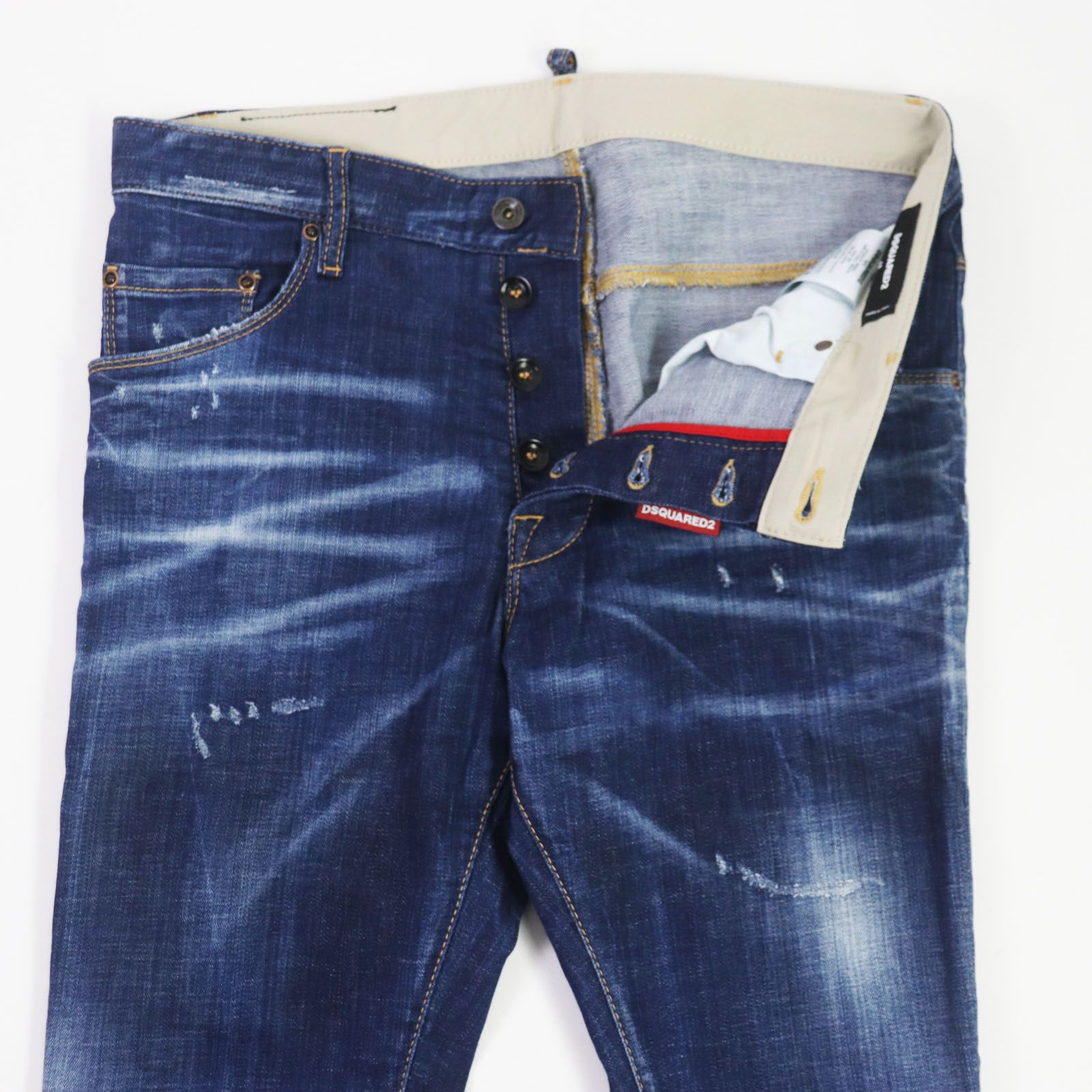 約86cm股上極美品 DSQUARED2 ディースクエアード 22AW S71LB1127 Skater Jean レザーパッチ付き クラッシュデニムパンツ  インディゴブルー 48 伊製 正規品 メンズ