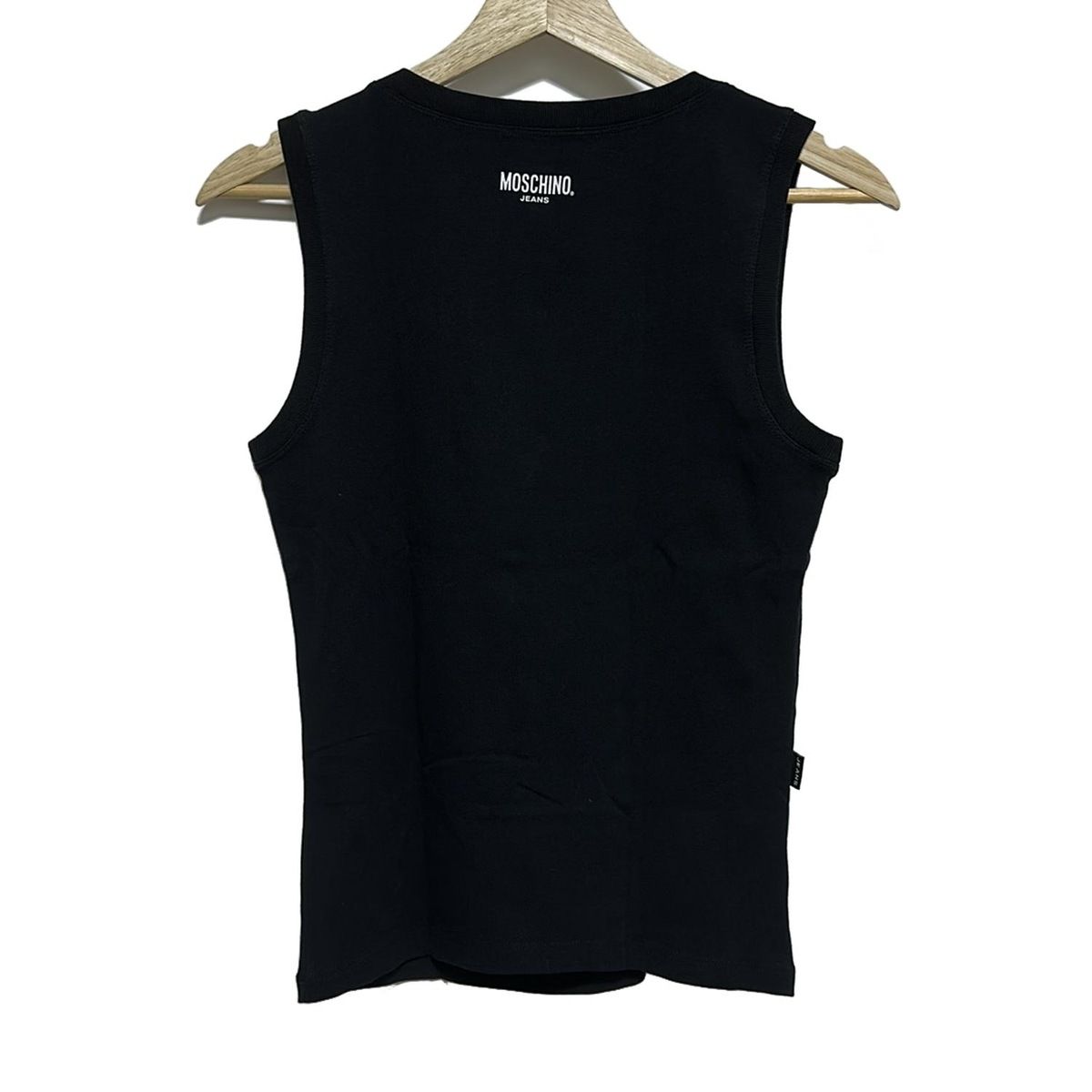 MOSCHINO モスキーノ ノースリーブTシャツ サイズ42 I M レディース - 黒×白 JEANS|ラインストーン