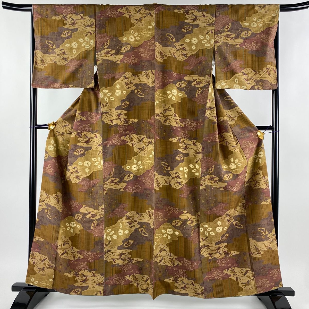 小紋 美品 逸品 証紙 吉澤与一 紬地 縞 絞り 茶紫 袷 身丈