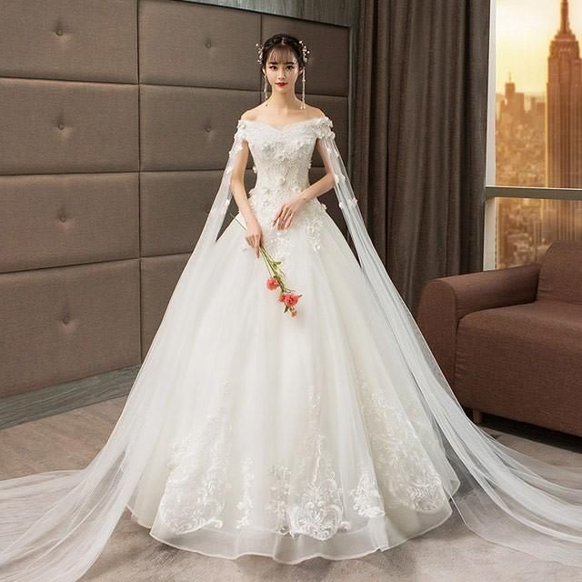 オフショルダー Vネック 結婚式ドレス 花嫁 豪華 パール スパンコール パニエ付き ブライダルドレス ウェディングドレス Aライン