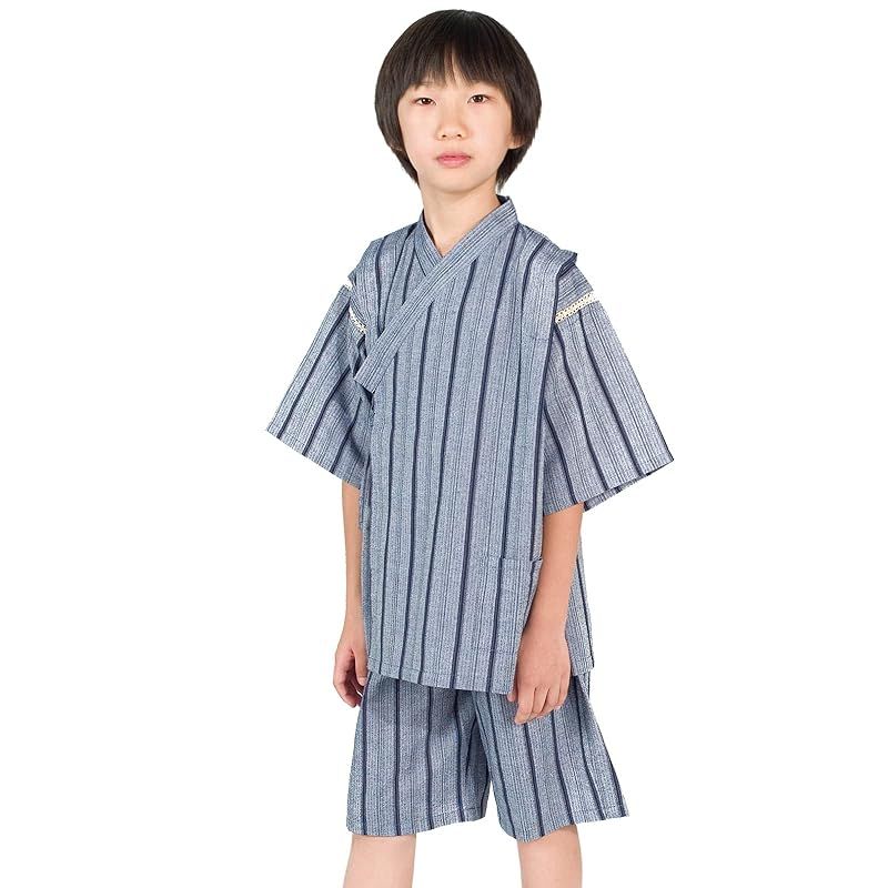 [Poweforest] 子供 甚平 男の子 綿100％ 部屋 夏 祭り 花火 涼しい 和服 上下 セット ルームウェア ボーイズ (グレー地に紺の縞， 120)