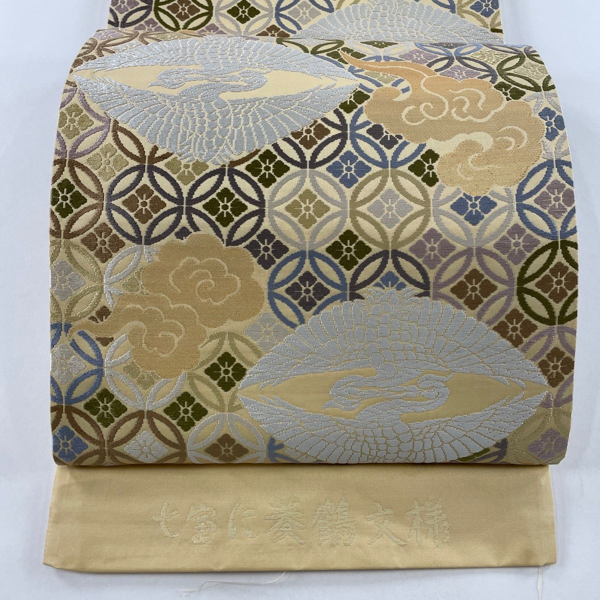 袋帯 美品 名品 証紙 能衣唐織 七宝 菱鶴 唐織 箔 ベージュ 六通