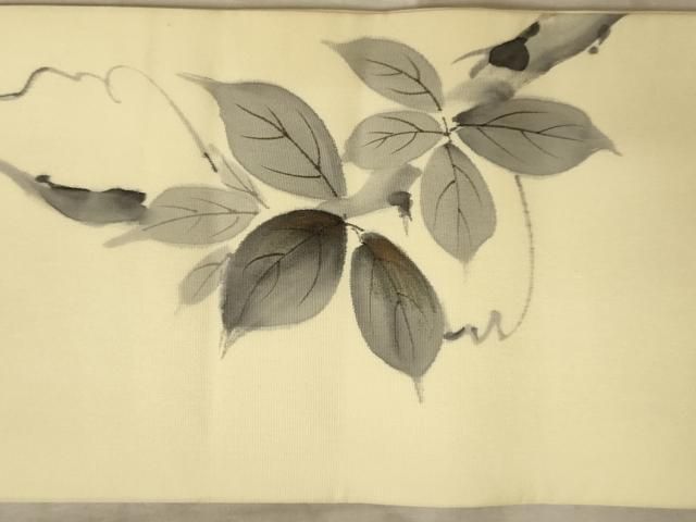 平和屋着物◎塩瀬 九寸名古屋帯 作家物 利香 手描き 枝葉文 正絹