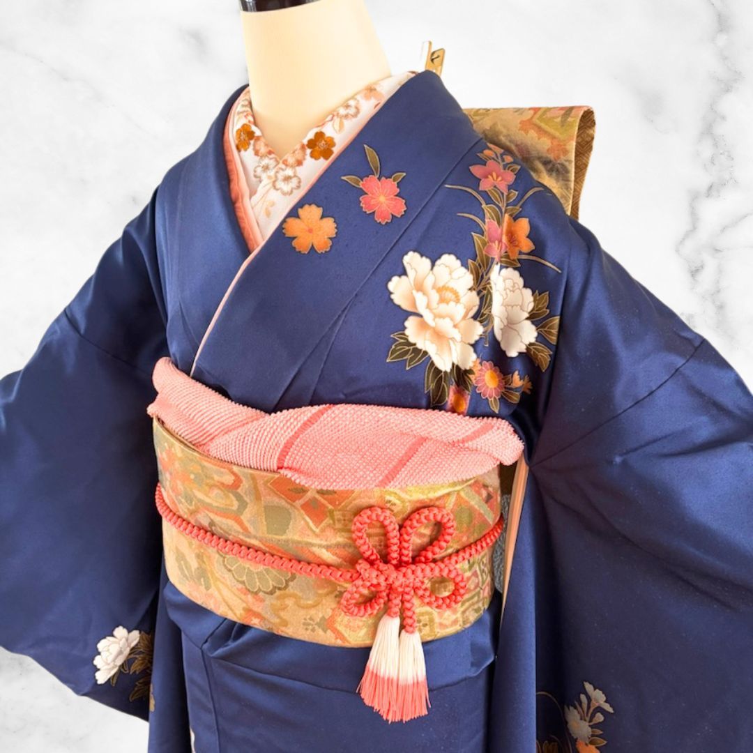 専用 KP1786 振袖 身丈166cm 正絹 着物 成人式 トールサイズ 未使用品 振袖 桜花 トールサイズ 鉄紺色 身丈169.0cm 裄丈67cm正絹