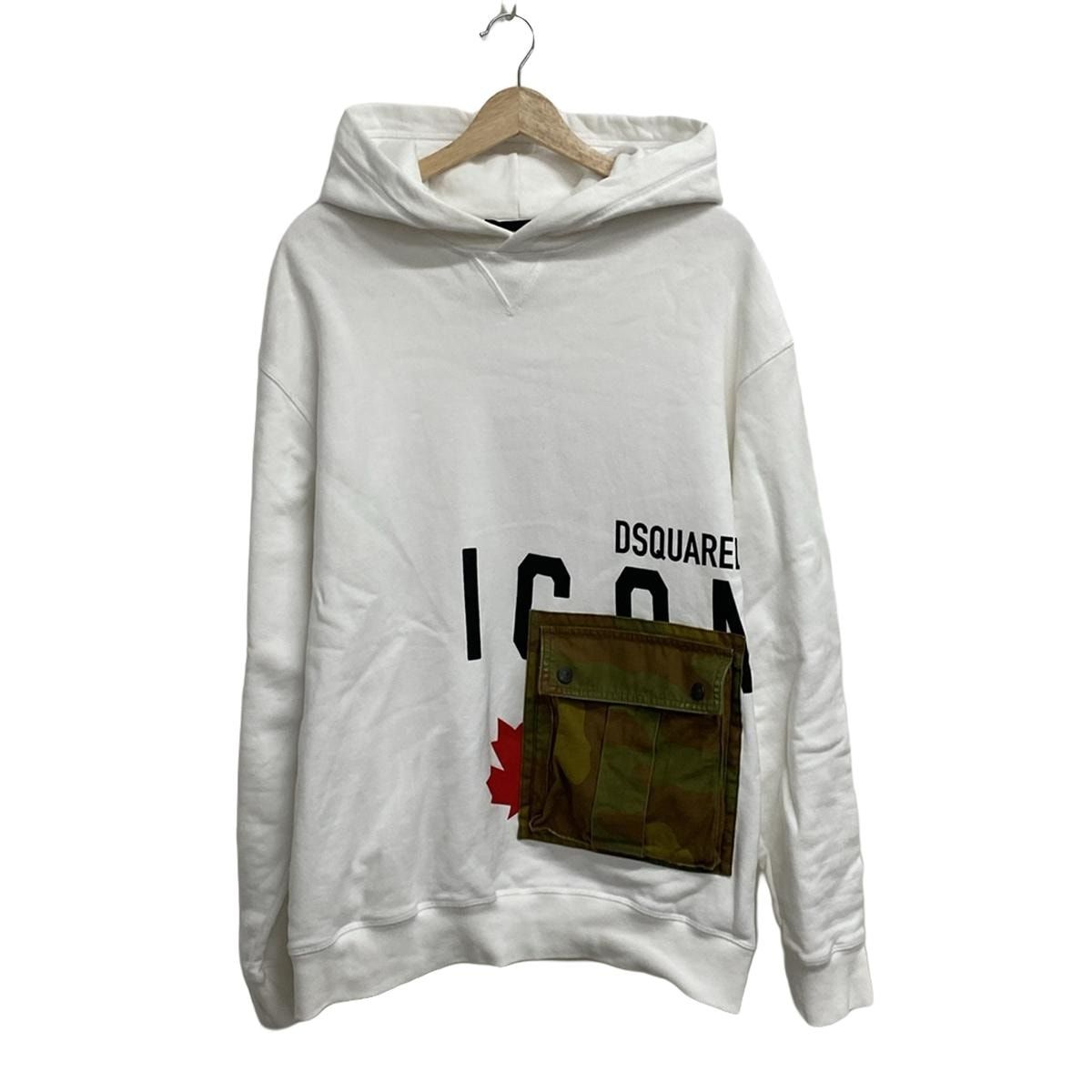 DSQUARED2(ディースクエアード) パーカー サイズL メンズ - 白×ダークグリーン×ブラウン 長袖/プルオーバー