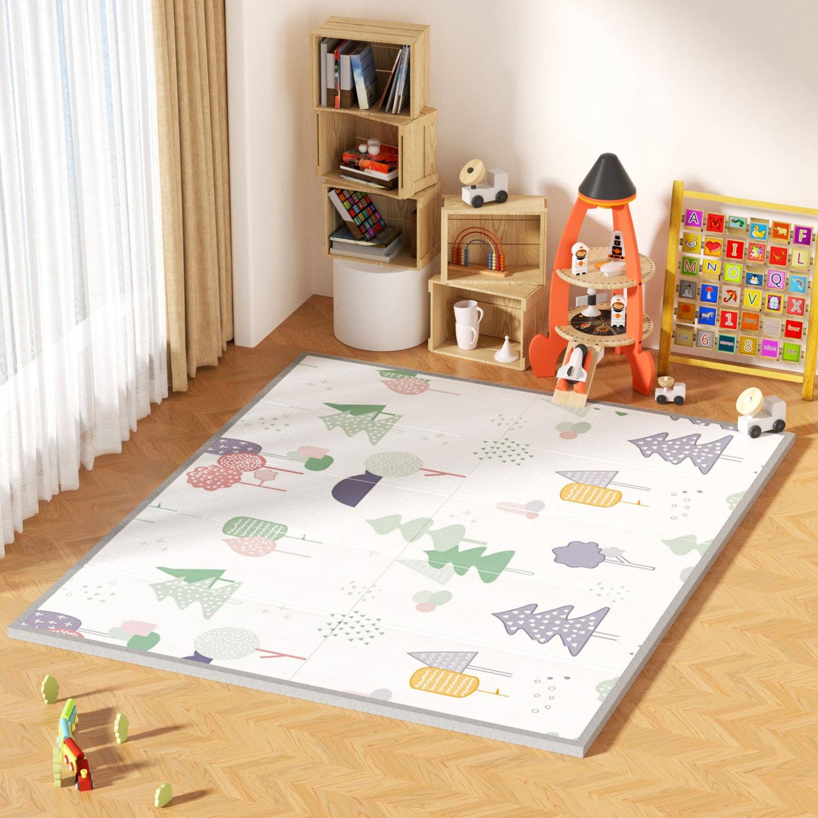 GruFini プレイマット 赤ちゃん 折りたたみ 200×180×2cm 厚手 安全検査済み ベビーマット 防水 防音 ベビープレイマット 滑り止め おしゃれ ベビー 出産祝い 一枚入り 200×180×2cm Tree Cloud