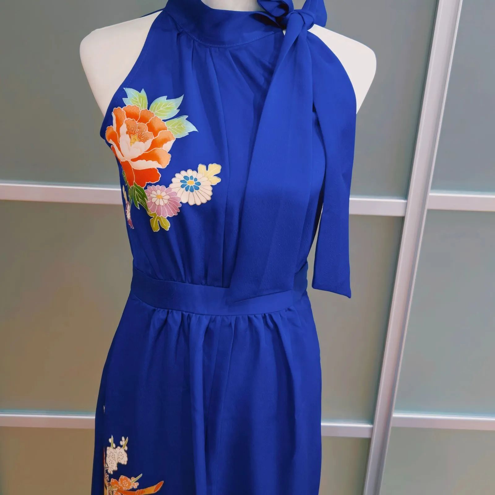 着物リメイクドレス✨ネックリボン付き✨花模様✨ハンドメイド一✨pr25 